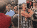 À gauche, Justin Trudeau lors d'un événement à Québec en août 2018 accusant Diane Blain de racisme.  À droite, Blaine lors de l'événement, où elle a posé des questions sur les demandeurs d'asile.  Blain avait des liens avec les groupes nationalistes d'extrême droite Storm Alliance et Front Patriotique du Québec, et a poursuivi Trudeau.