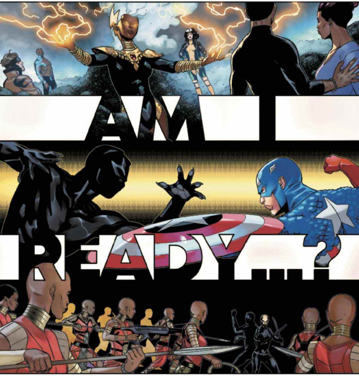 « Suis-je prêt... ? »  demande un gros bloc de texte, sur des images de Black Panther affrontant Storm et les X-Men, Captain America et Dora Milaje eux-mêmes dans Black Panther # 1 (2021). 