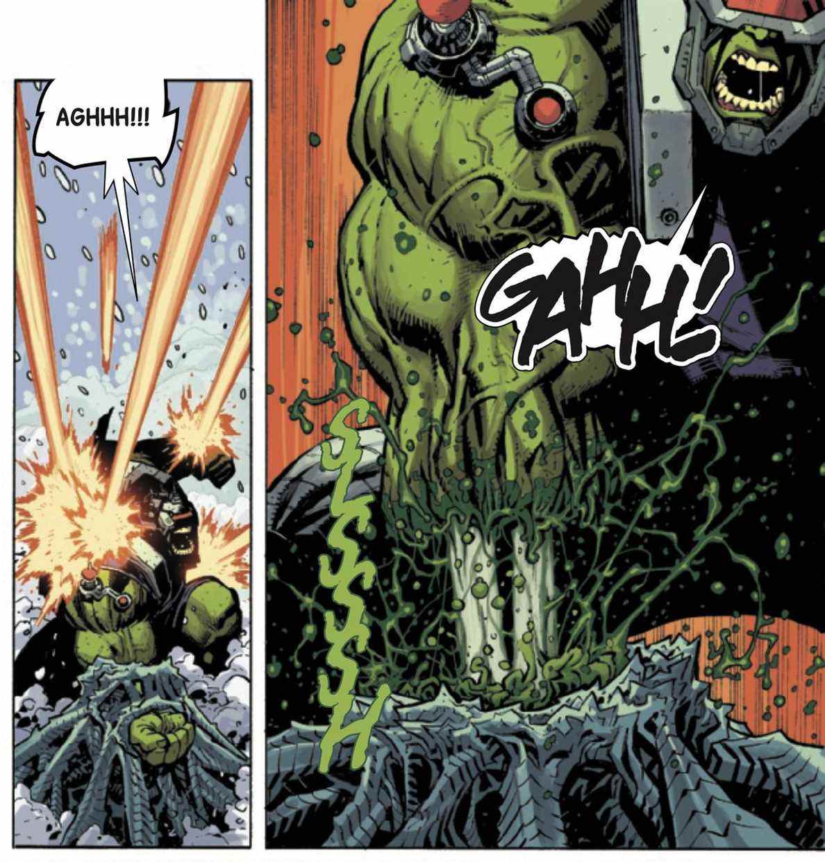 Son bras cloué au sol par un enchevêtrement de métal, Bruce Banner (pilotant le corps de Hulk) arrache le bras de Hulk du métal, écorchant la chair de ses os jusqu'au coude dans Hulk # 1 (2021). 