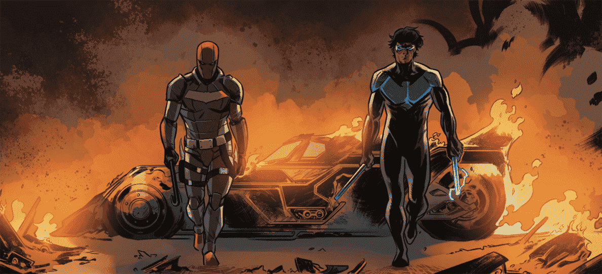 Nightwing et Red Hood (Jason Todd) s'éloignent de la Batmobile en feu tout à fait cool dans Nightwing Annual #1 (2021).