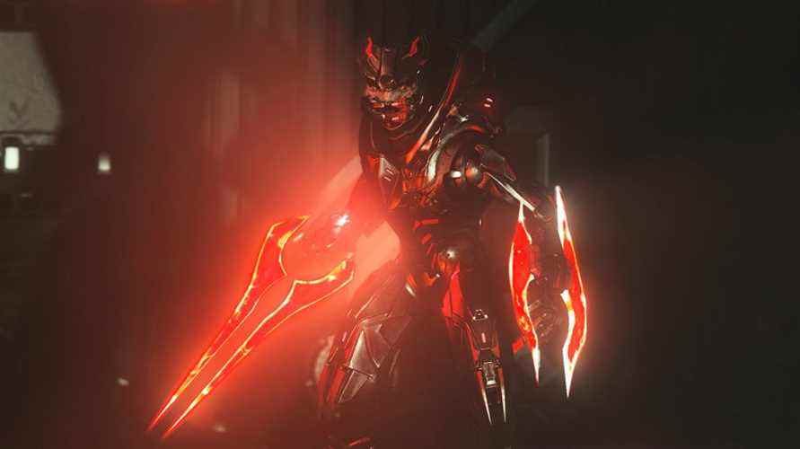Jega 'Rdomnai brandissant deux épées à énergie rouge alors qu'il se prépare à attaquer Master Chief dans Halo Infinite