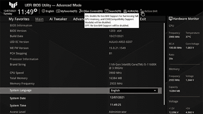 Une capture d'écran du BIOS UEFI d'Asus, montrant comment activer rapidement la barre redimensionnable.