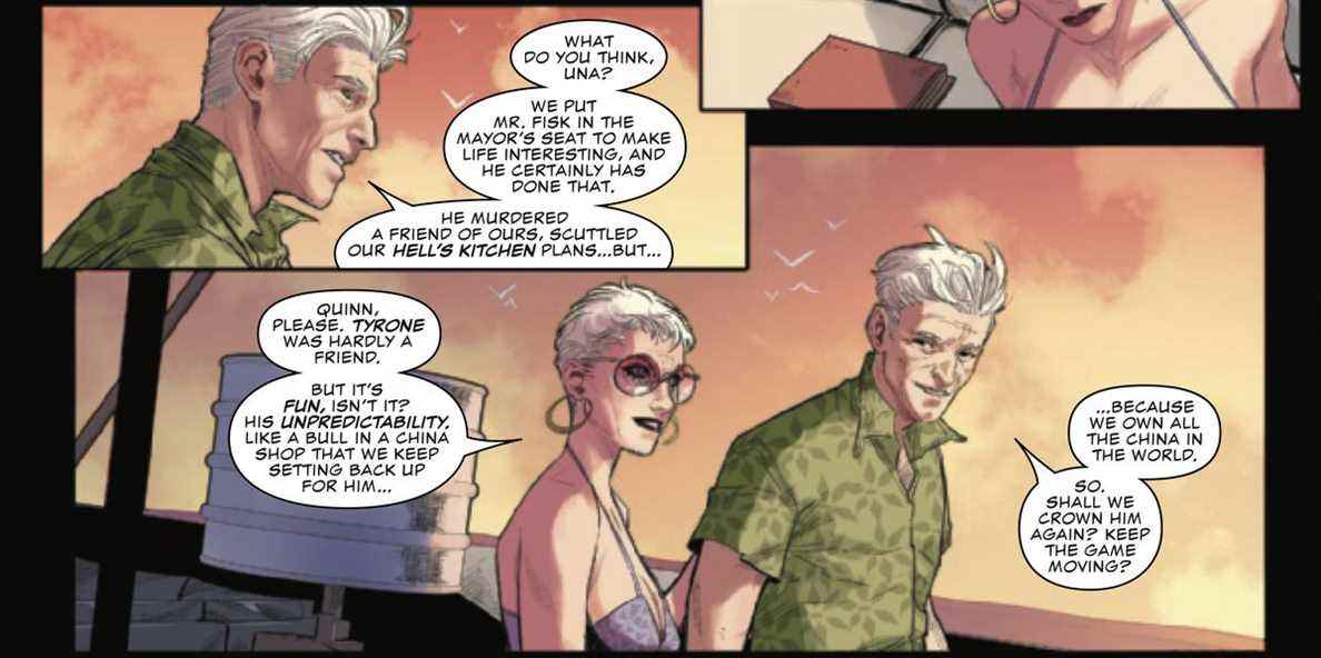 Una et Quinn Stromwyn discutent de leurs manipulations de Wilson Fisk dans Devil's Reign #1 (2021). 