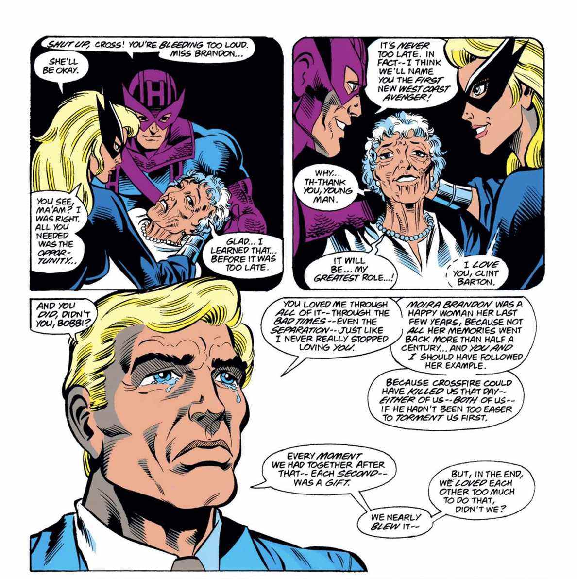 Hawkeye fait de Moira Brandon un vengeur honoraire dans West Coast Avengers # 100 (1993). 