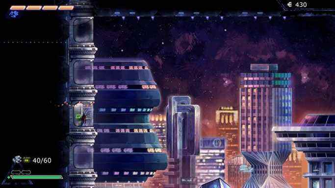 Une capture d'écran de They Always Run.  Le personnage du joueur monte dans un ascenseur avec une ville géante en arrière-plan.