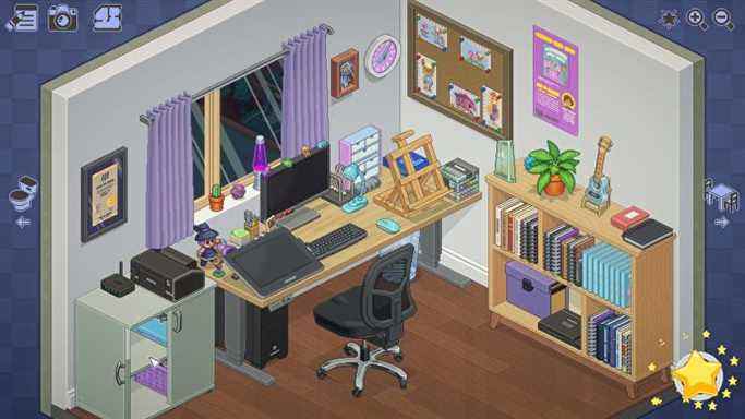 Une coupe isométrique du bureau d'un artiste dans le jeu Unpacking, avec une tablette de dessin sophistiquée et un ordinateur ainsi que de nombreux jouets de bureau mignons