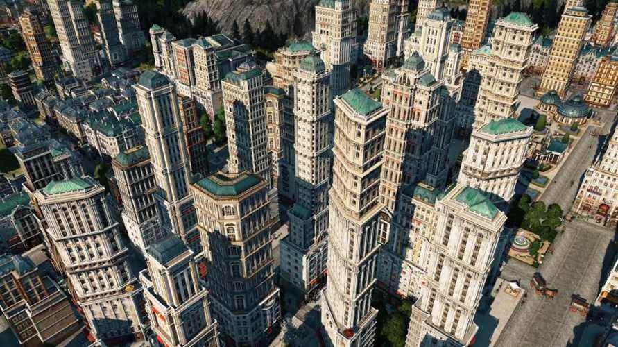 Une photo de quelques bâtiments très hauts du DLC High Life d'Anno 1800