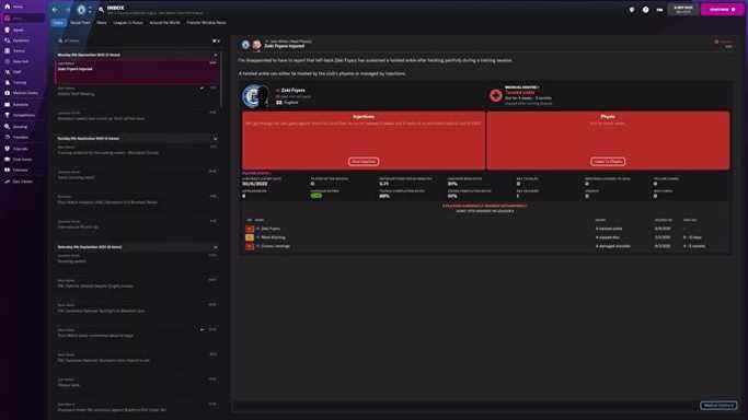 L'écran des blessures dans Football Manager 2022