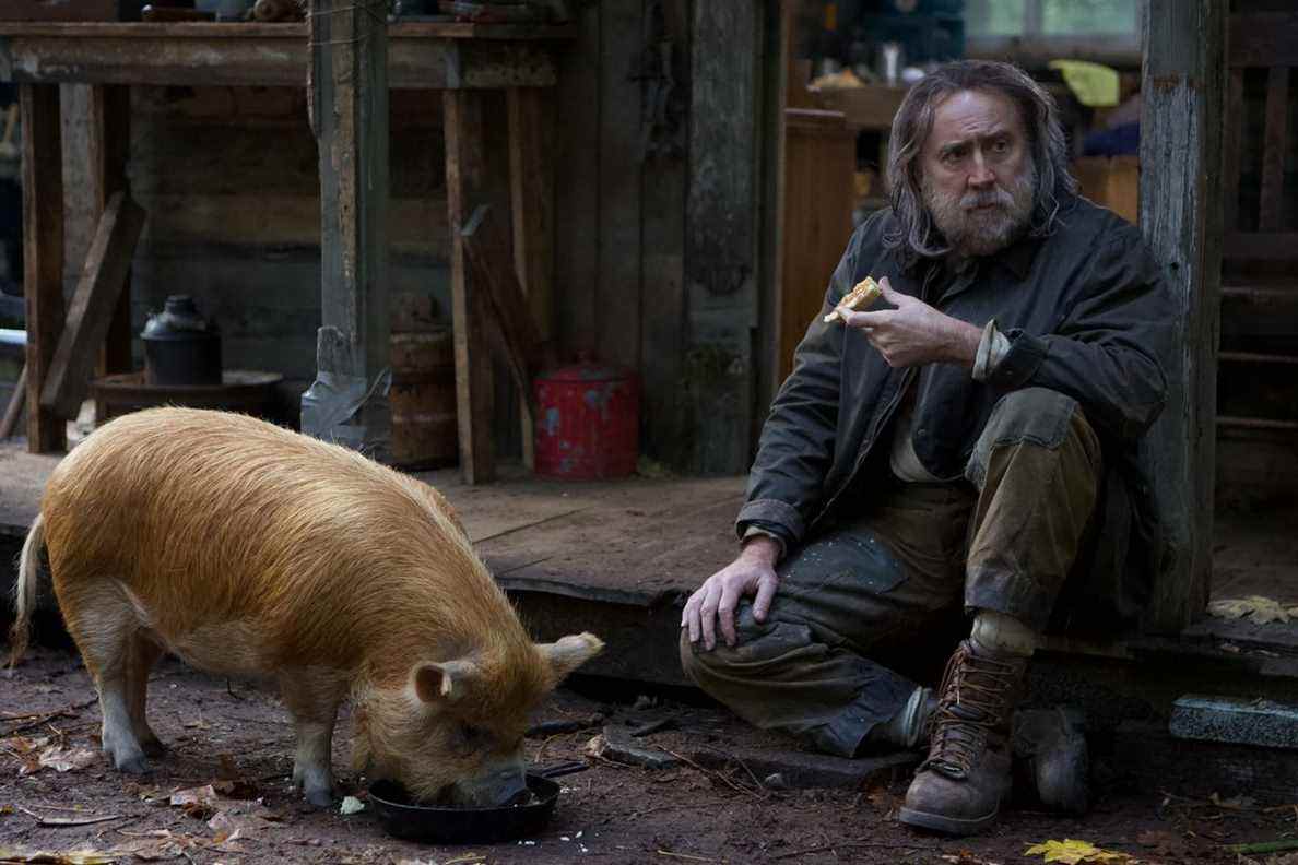 Nicolas Cage, l'air débraillé, et un cochon, l'air bien, dans Pig