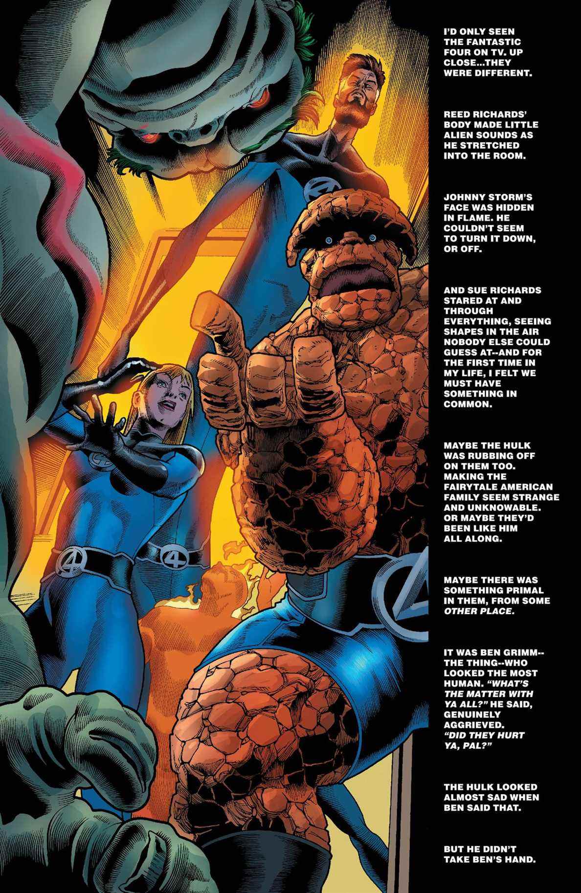 Les Quatre Fantastiques franchissent une porte incandescente et la Chose tend la main à Hulk, frappé, en disant « Est-ce qu'ils t'ont blessé, mon pote ? »  Les mots à droite décrivent leur apparition surnaturelle dans Immortal Hulk # 49 (2021). 