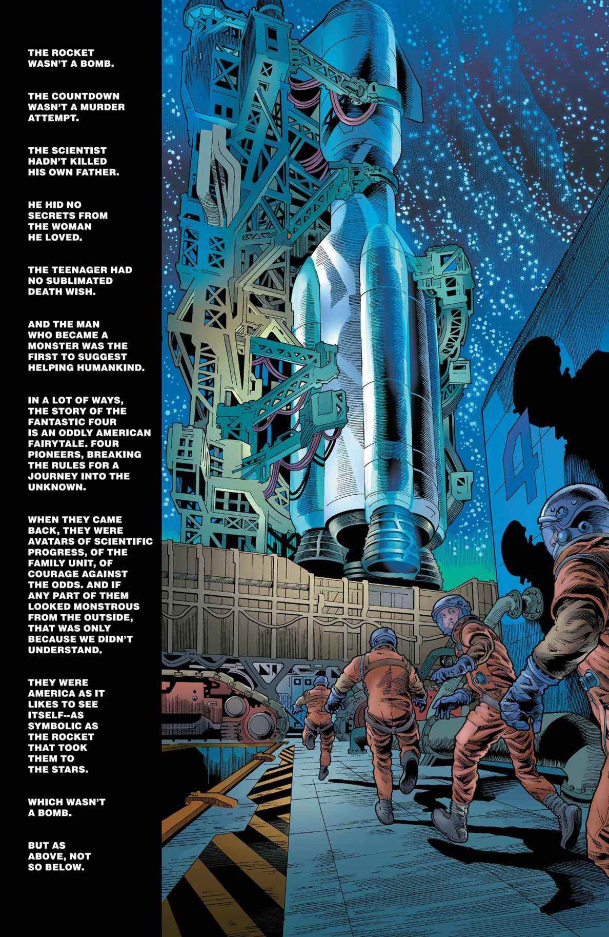 Le texte à gauche de l'image décrit les différences et les parallèles entre l'histoire d'origine des Quatre Fantastiques et celle de Hulk, alors que les Quatre se dirigent vers la fusée dans leur conte de fées commençant dans Immortal Hulk # 49 (2021). 