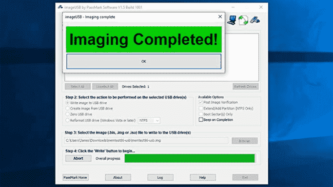 Une capture d'écran de l'outil de création d'image USB MemTest86, ayant terminé sa tâche.