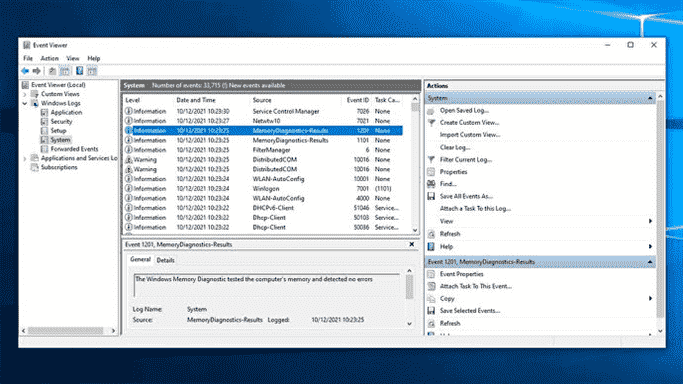 Une capture d'écran de l'Observateur d'événements Windows 10, montrant comment il peut être utilisé pour vérifier les résultats du diagnostic de la mémoire Windows.