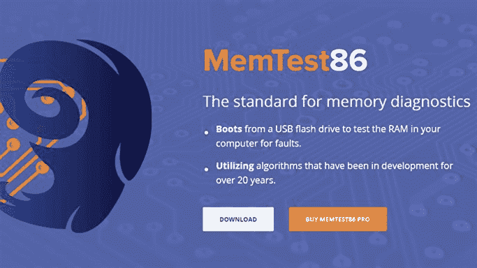 Une capture d'écran du site Web MemTest86, montrant le bouton de téléchargement.