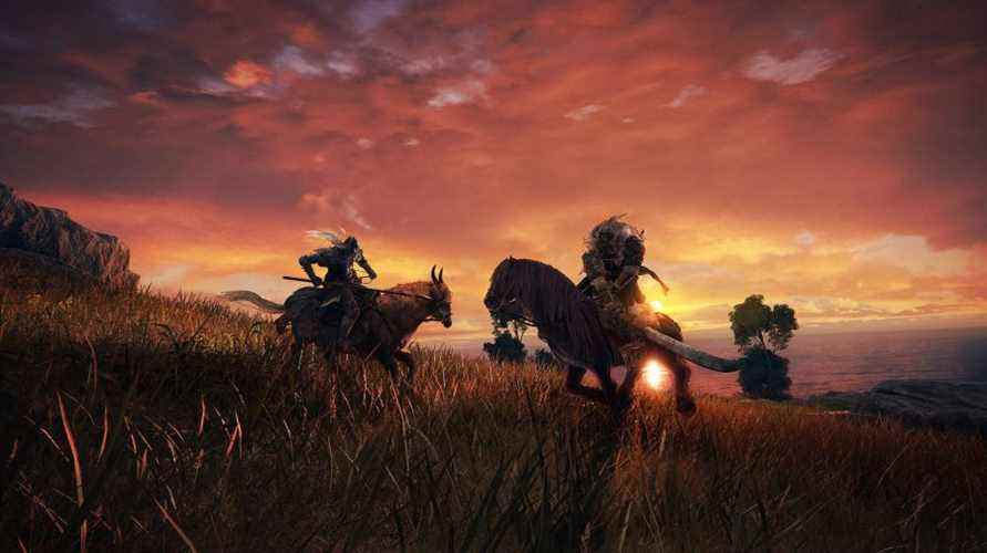 Deux hommes à cheval et s'attaquant pendant un coucher de soleil dans un champ à Elden Ring.