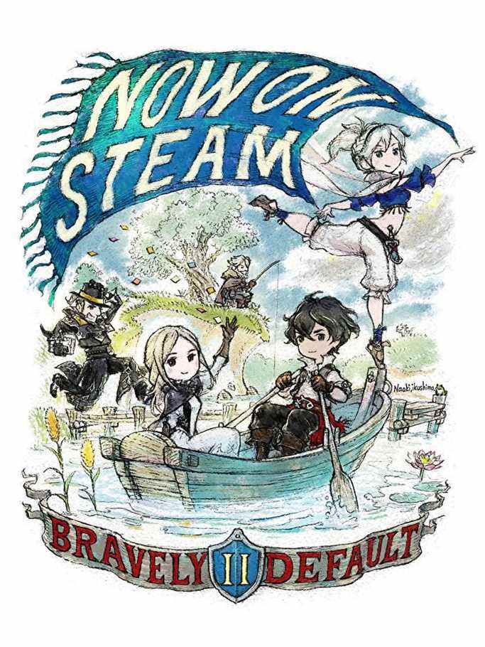 Illustration de Bravely Default 2 avec les personnages célébrant sa sortie sur Steam