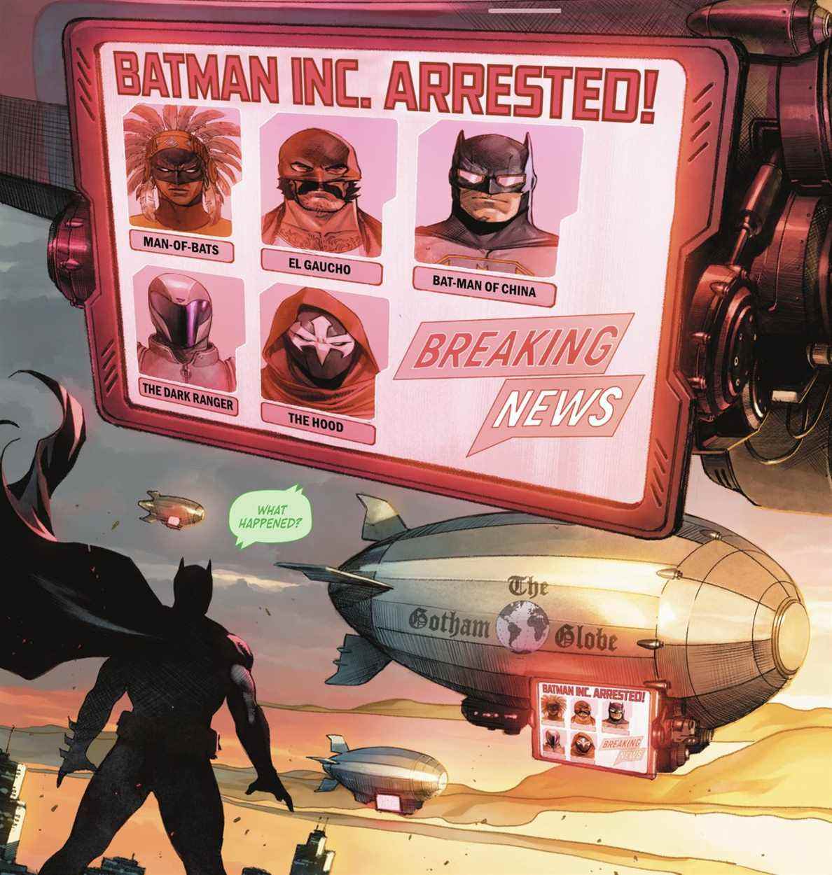 Batman voit un dirigeable affichant les dernières nouvelles que cinq membres de Batman Inc. ont été arrêtés dans Batman #118 (2021). 