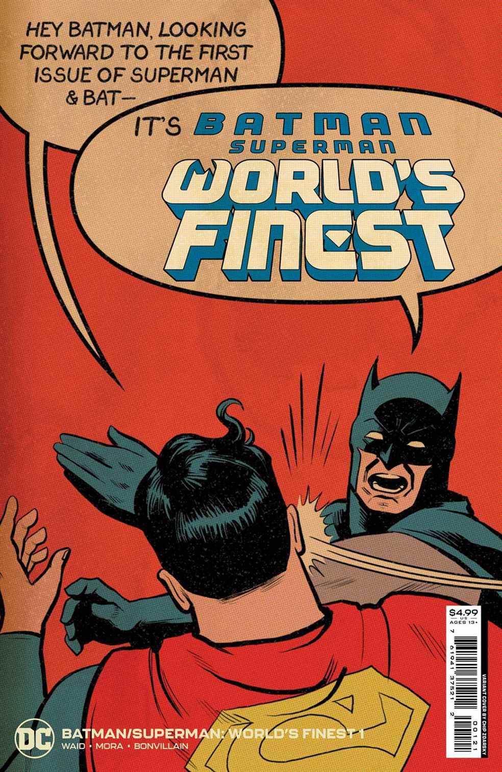 « Hé Batman, j'attends avec impatience le premier numéro de Superman &  Bat—» Superman commence à dire, alors que Batman l'interrompt avec une gifle au visage, en criant «C'est Batman/Superman: World's Finest!  sur la couverture de Batman/Superman : World's Finest #1 (2022).