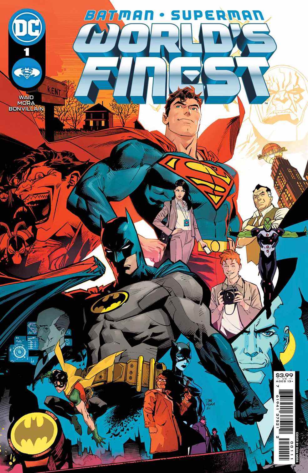 Superman et Batman dans un collage de leurs différents personnages secondaires sur la couverture de Batman/Superman : World's Finest #1 (2022). 