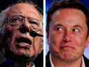 Tesla Inc Elon Musk, à droite, a lancé une série d'insultes au sénateur américain Bernie Sanders, à gauche, pour son appel aux milliardaires à payer plus d'impôts.