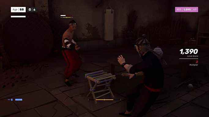 Une capture d'écran de Sifu, qui montre deux rois du kung-fu se tenant l'un contre l'autre, avec un seul tabouret les divisant.