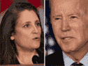 La vice-première ministre Chrystia Freeland (à gauche) qui a récemment menacé d'imposer des mesures de représailles contre l'administration du président américain Joe Biden (à droite). 
