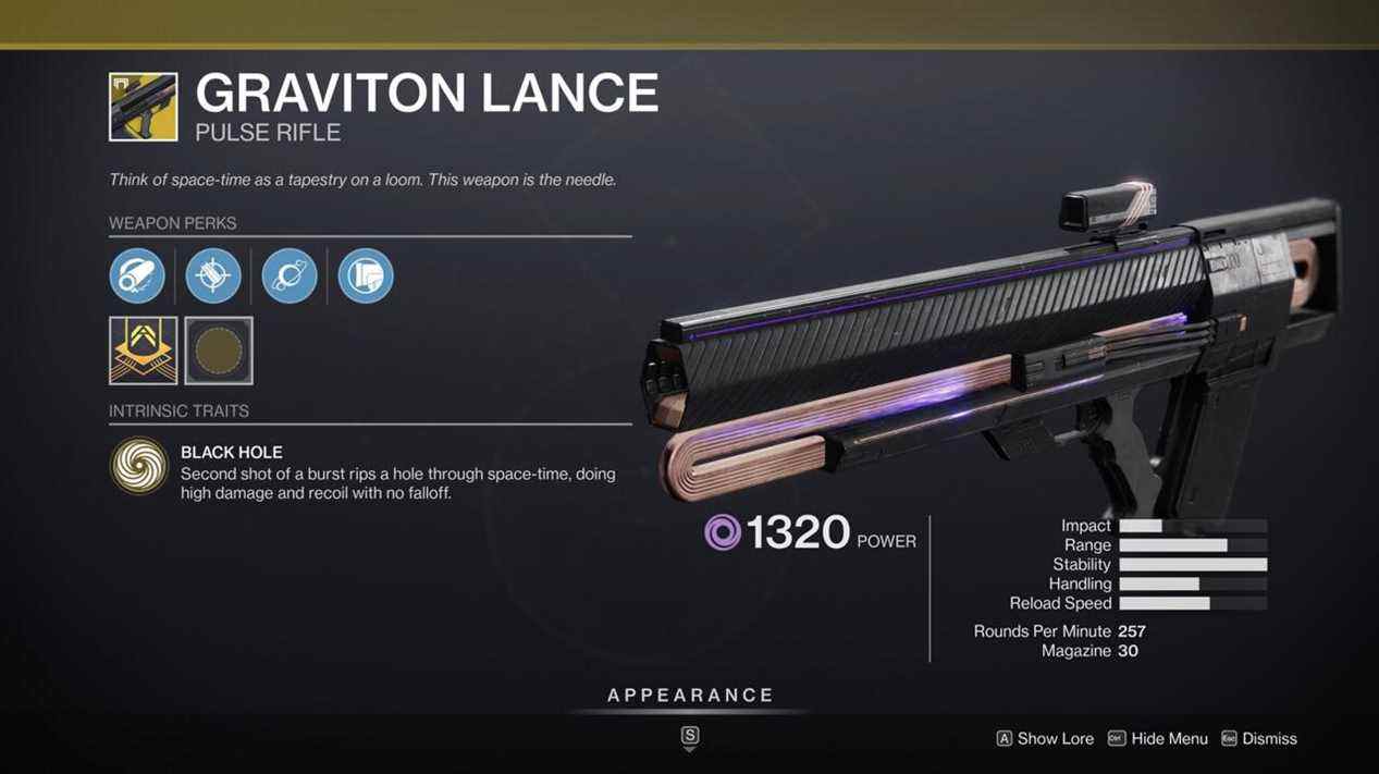 Graviton Lance est un puissant fusil à impulsion si vous avez besoin d'une arme fiable en PvE ou PvP.  Cela fait également exploser les ennemis, ce qui est toujours utile.