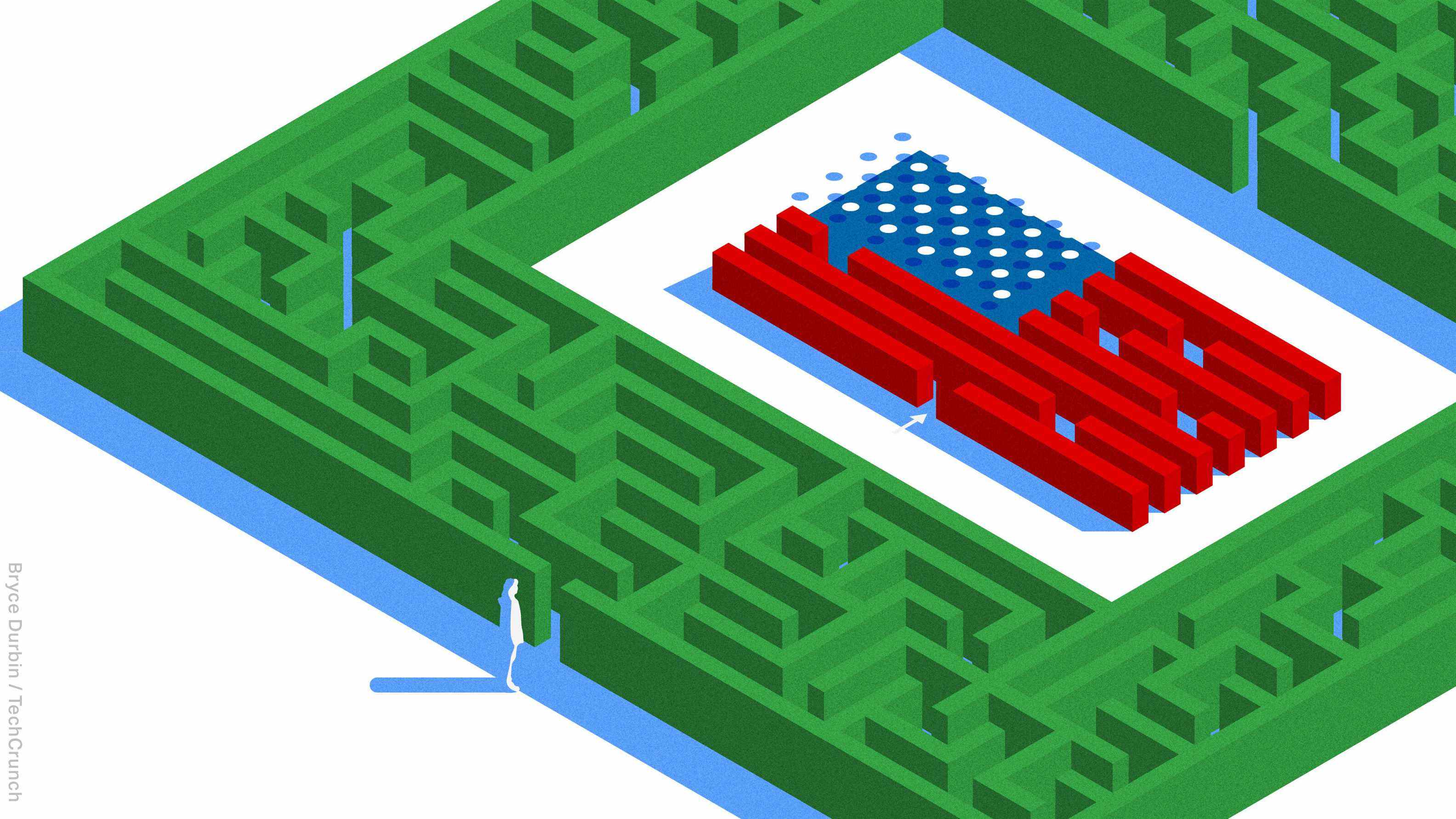 figure solitaire à l'entrée d'une haie de labyrinthe qui a un drapeau américain au centre