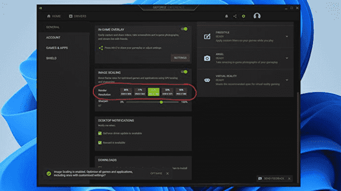 Une capture d'écran de Nvidia GeForce Experience avec les options de résolution de rendu Image Scaling mises en évidence.