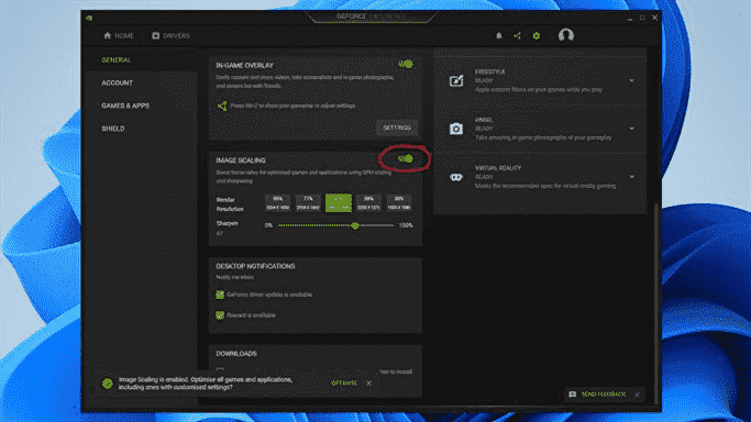 Une capture d'écran de Nvidia GeForce Experience avec la bascule Image Scaling en surbrillance.
