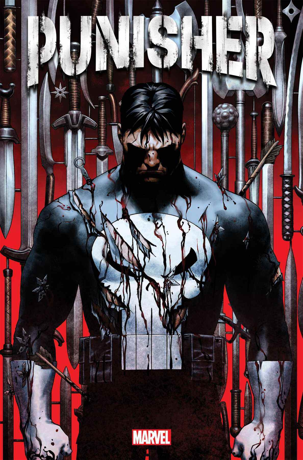 Frank Castle/The Punisher dans un costume déchiré et sanglant, se tient devant un arrière-plan de dizaines d'armes blanches sur la couverture de Punisher #1 (2022).