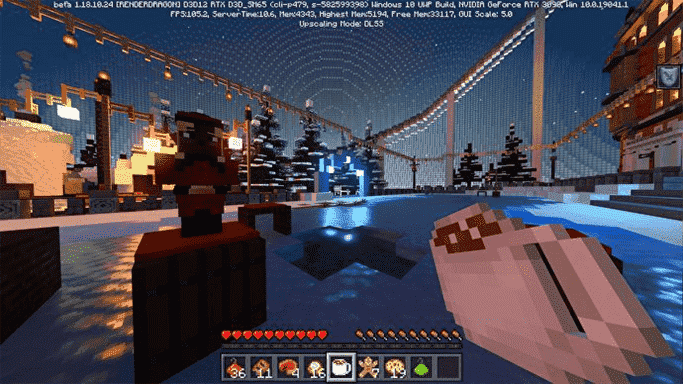 Un elfe se tient à côté d'un trou de pêche sur glace sur la carte Minecraft RTX Winter World de Nvidia.