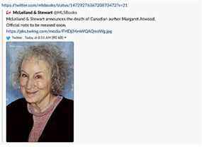 Un rapport de canular lundi matin de la mort de Margaret Atwood a été attribué à un farceur italien.  Est-ce juste moi ou Atwood semble-t-il être dans le coup ?