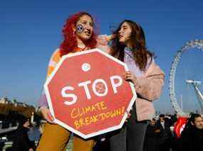 Des manifestants participent à une manifestation en faveur de l'environnement organisée par Extinction Rebellion alors qu'ils bloquent le pont de Westminster dans le centre de Londres le 17 novembre 2018.