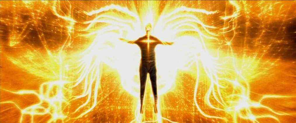 Le corps de Neo (Keanu Reeves) déborde d'énergie alors qu'il débarrasse l'agent Smith (Hugo Weaving) de la matrice.