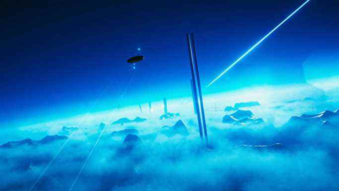 Un disque plane à travers un ciel bleu sinistre dans une capture d'écran d'Exo One.
