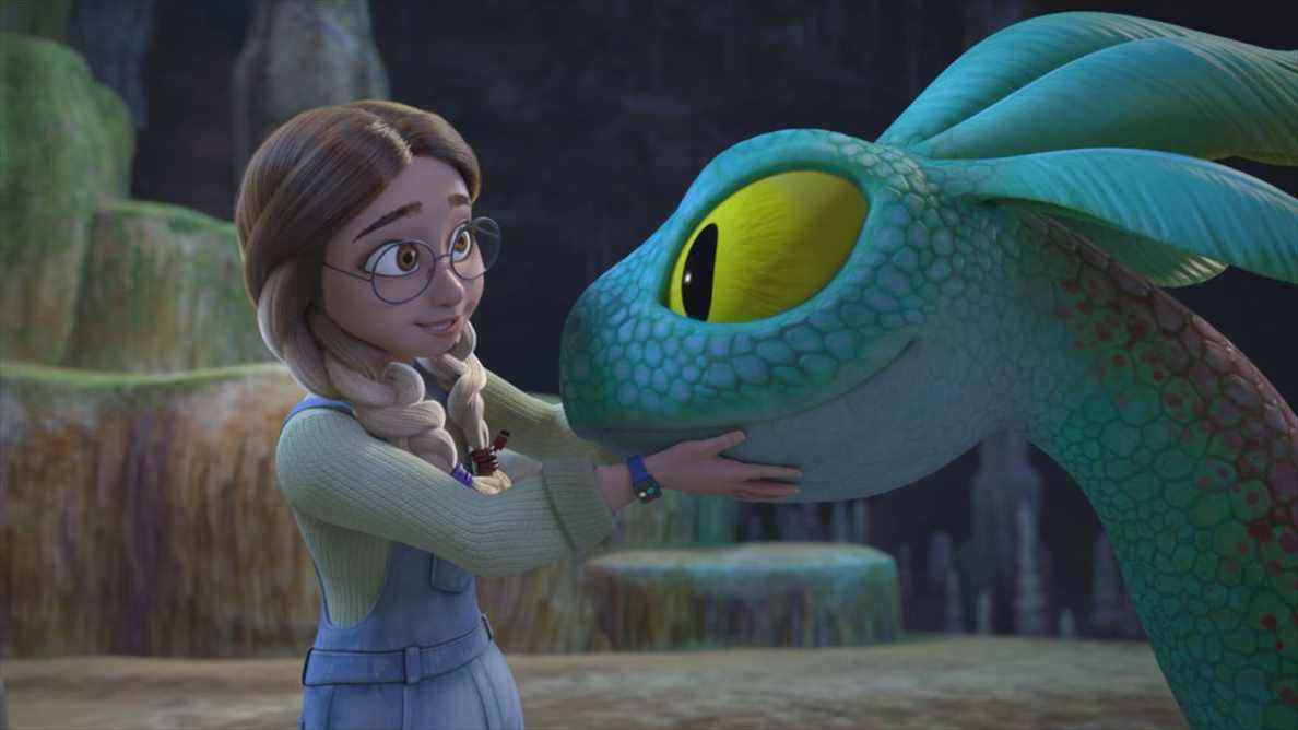 une fille avec des tresses tenant doucement la tête d'un dragon turquoise aux grands yeux 