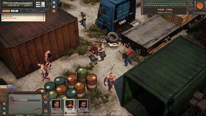 Un groupe d'humains frappe des zombies à côté de conteneurs d'expédition dans Urban Strife