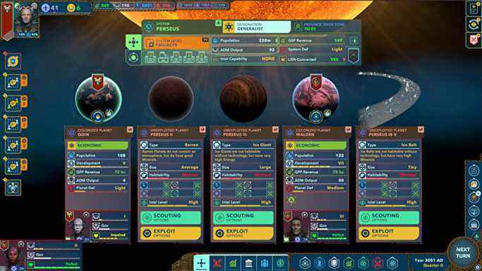 Un écran de menu affichant les statistiques de plusieurs planètes dans Alliance Of The Sacred Suns