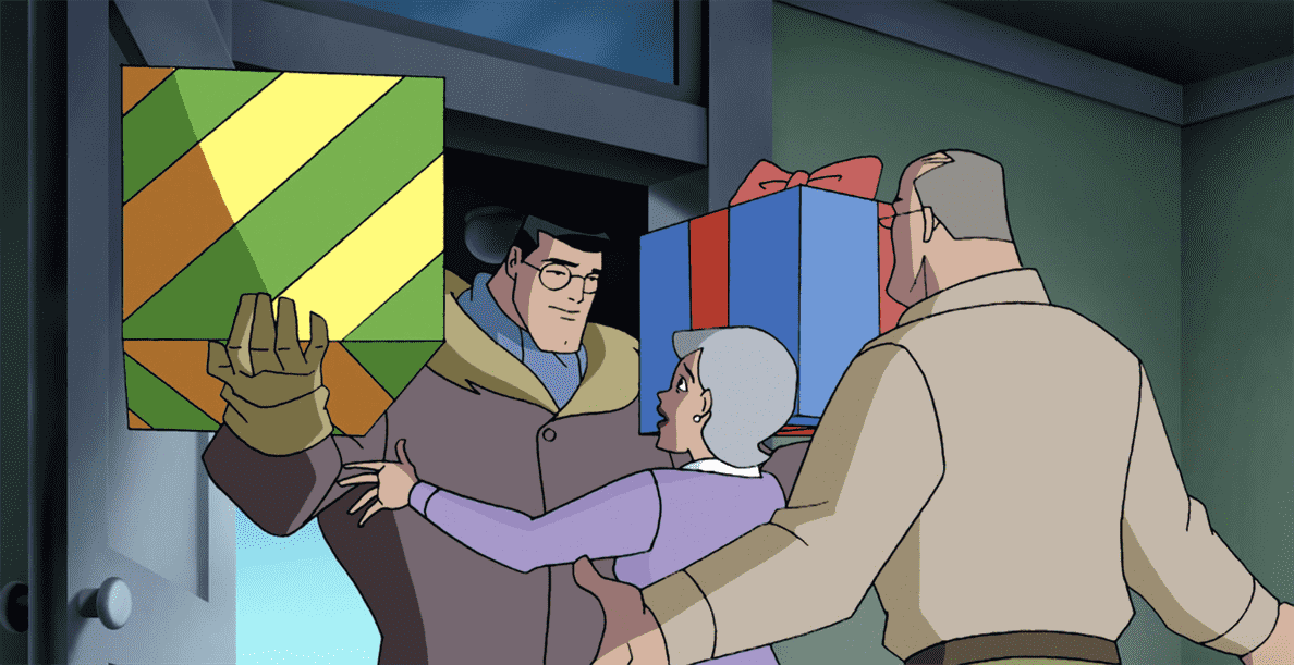 Clark Kent arrive à la ferme familiale Kent avec deux énormes cadeaux emballés facilement tenus dans ses bras super forts, dans Justice League Unlimited. 