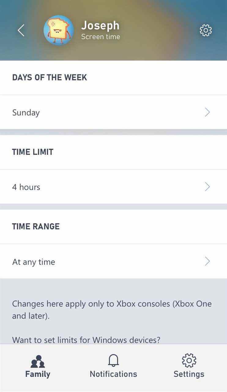 Paramètres de la famille Xbox Jours de la semaine