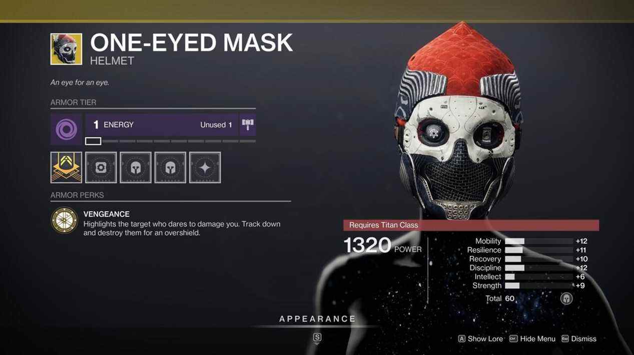 Bénéficiez d'avantages en tuant avec One-Eyed Mask, ce qui en fait une veille utile de l'Épreuve.
