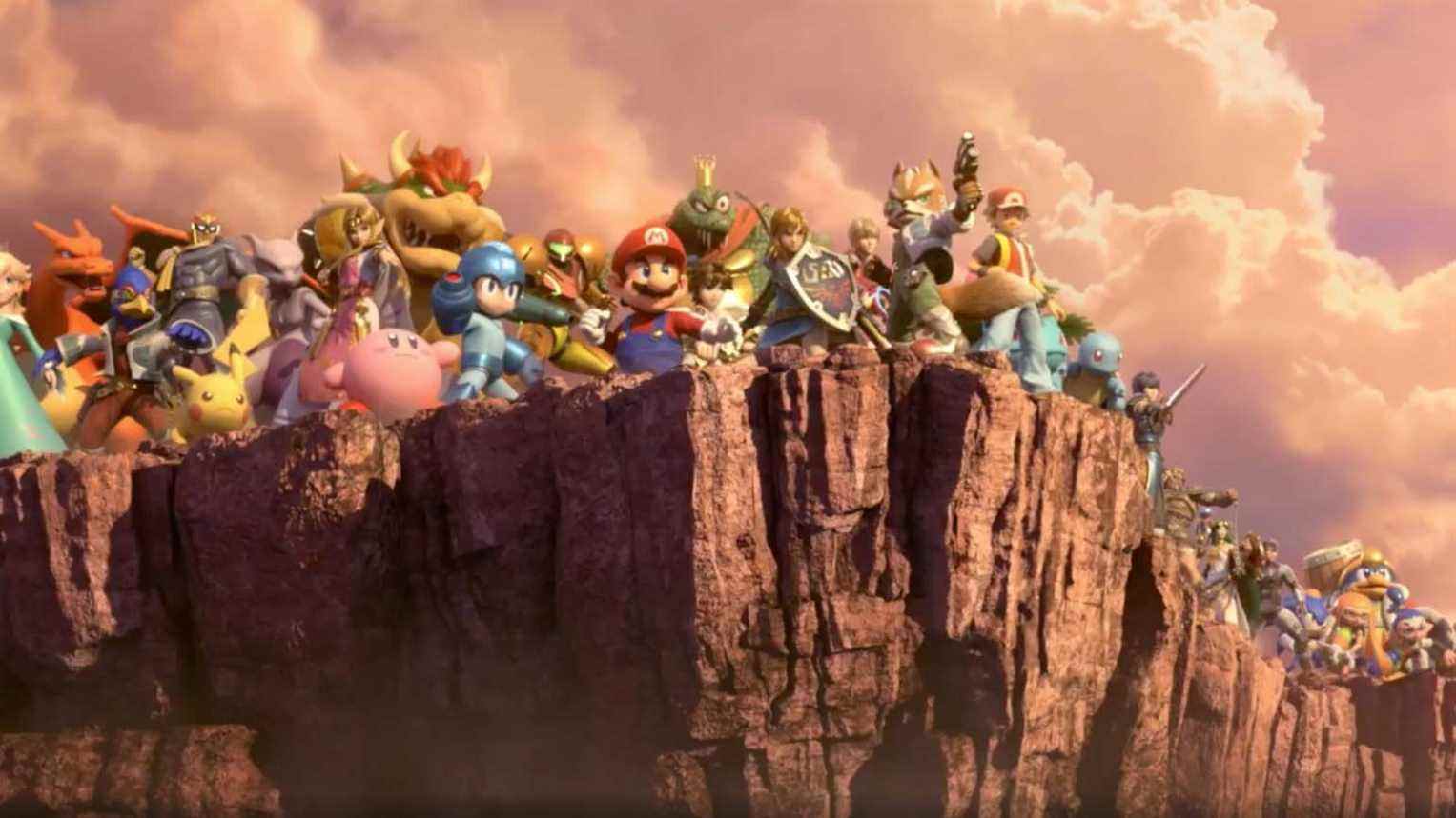 La liste complète des personnages de combat de Super Smash Bros, surplombant une falaise
