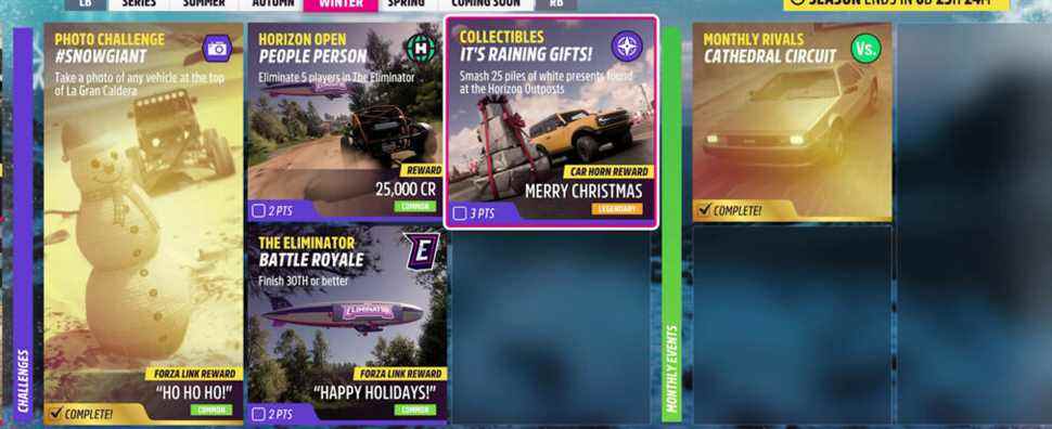 Écrasez des tas de cadeaux blancs trouvés aux avant-postes d'Horizon Forza Horizon 5 Il pleut des cadeaux