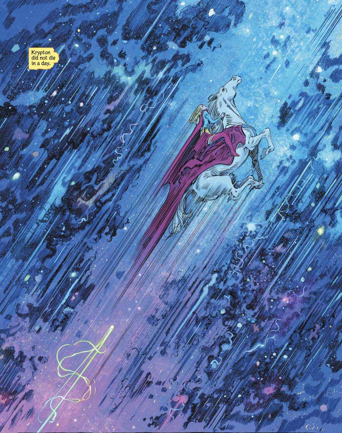 Supergirl chevauche Comet le Super-cheval à travers des étoiles bleues et roses à une vitesse pour briser les lois de la science et de la magie, poursuivie par une séquence arc-en-ciel de quelque chose dans Supergirl: Woman of Tomorrow # 6 (2021). 