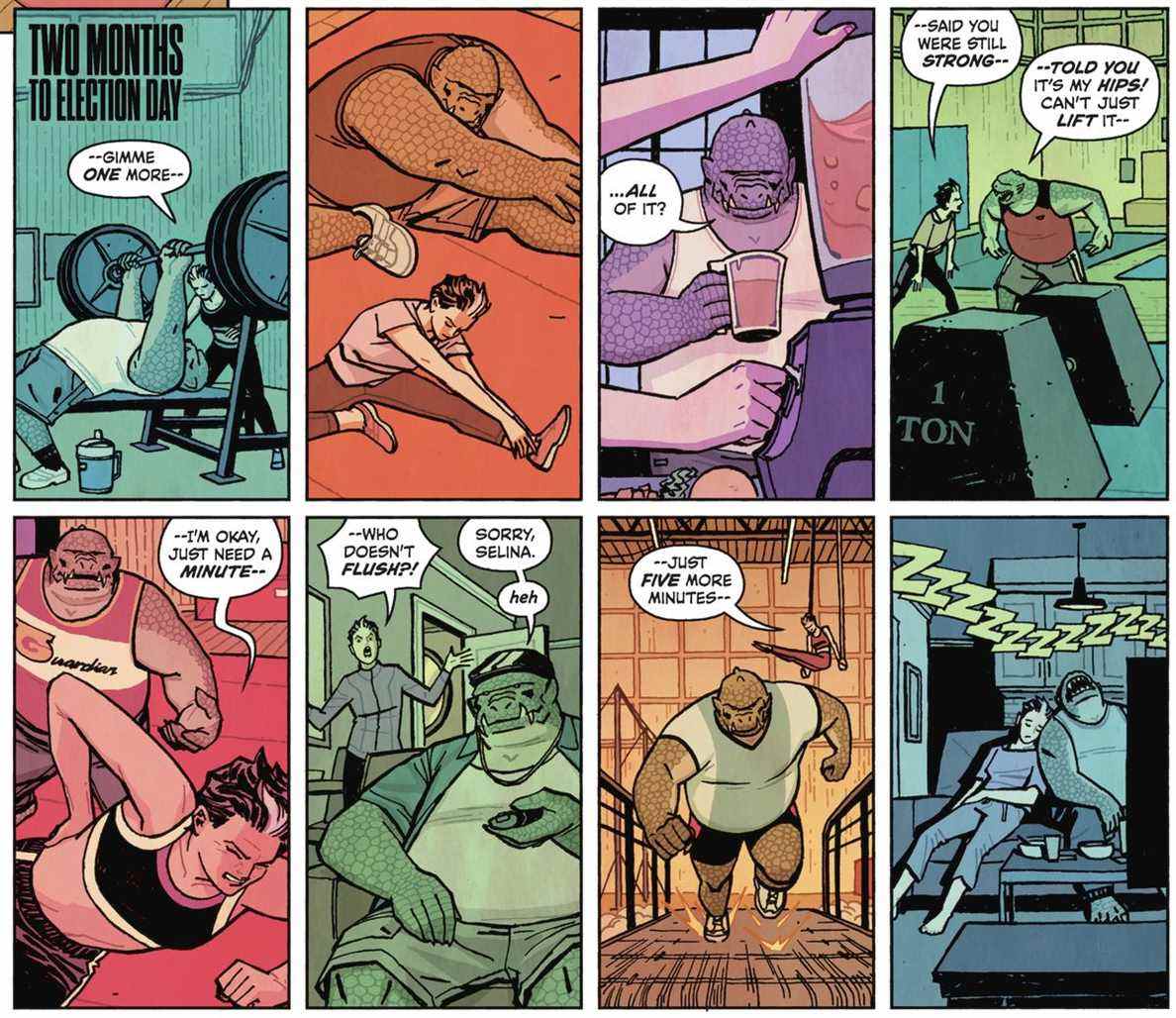 Huit panneaux d'un montage d'entraînement avec Selina Kyle et Killer Croc d'âge moyen.  Ils se plaignent de vieilles blessures et s'endorment sur le canapé par la suite, dans Catwoman: Lonely City #2 (2021). 