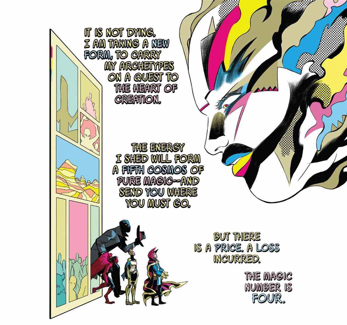 Un visage massif, modelé dans les cinq tons du processus d'impression en quatre couleurs qui a créé les bandes dessinées américaines, parle aux défenseurs en lettres majuscules énormes alors qu'ils sortent d'un panneau dans une page de bande dessinée et dans un espace blanc dans Defenders # 4 (2021) . 