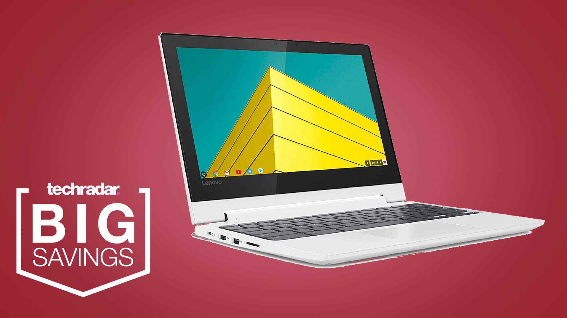 Chromebook Lenovo sur fond rouge avec lecture d'un badge TechRadar 