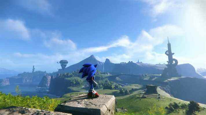 Sonic regarde un monde ouvert dans Sonic Frontiers.