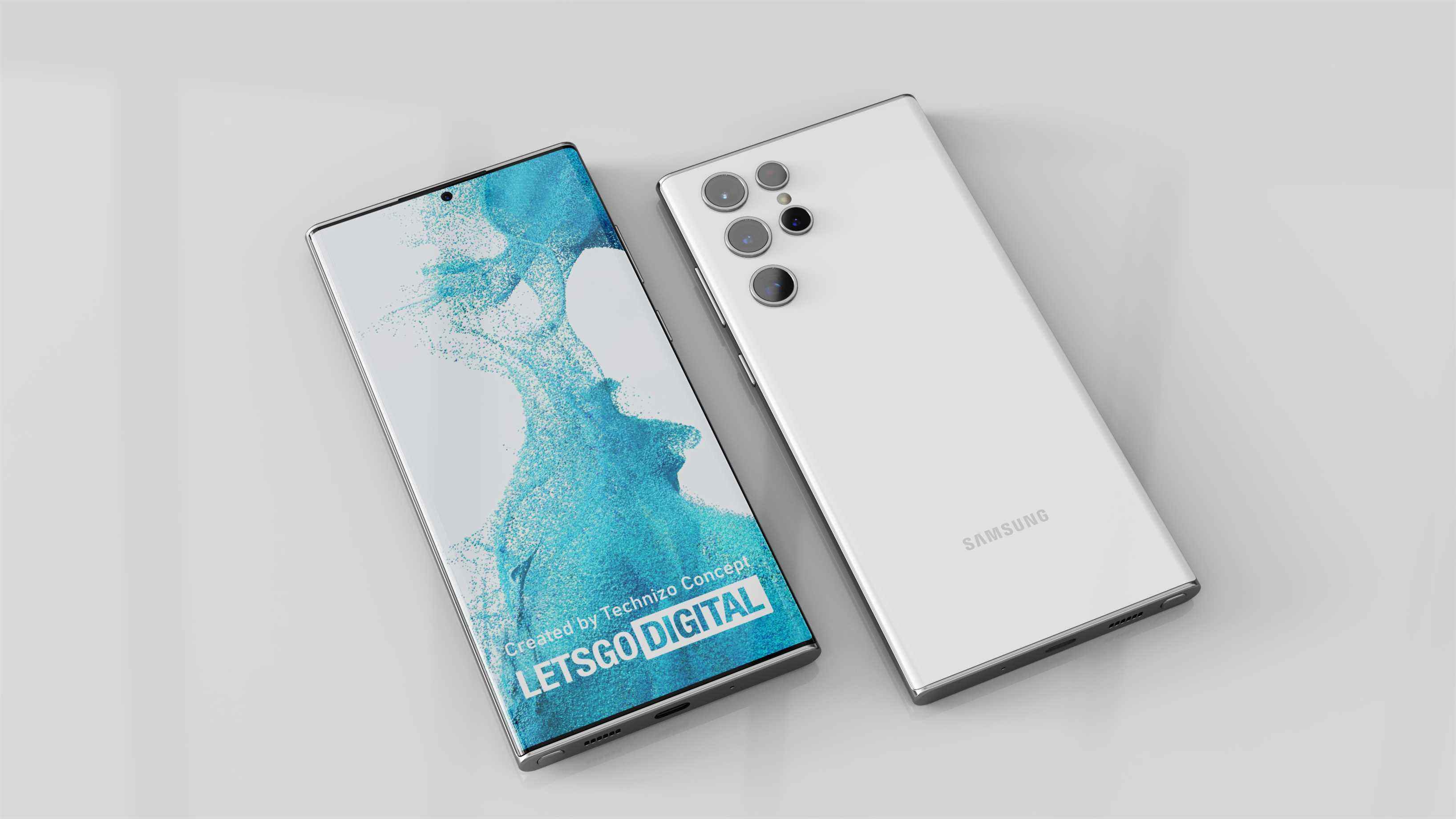 Un rendu non officiel du Samsung Galaxy S22 Ultra en blanc, avec un fond d'écran personnalisé divulgué